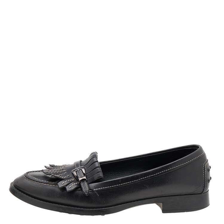 Pre Owned Tod's Black Leather Fringe Loafers Size 38