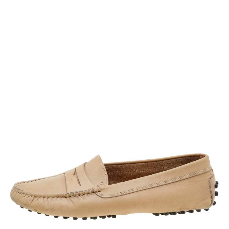 Pre Owned Tod's  Beige Nubuck Leather Penny Slip On Loafers Size 35.5
