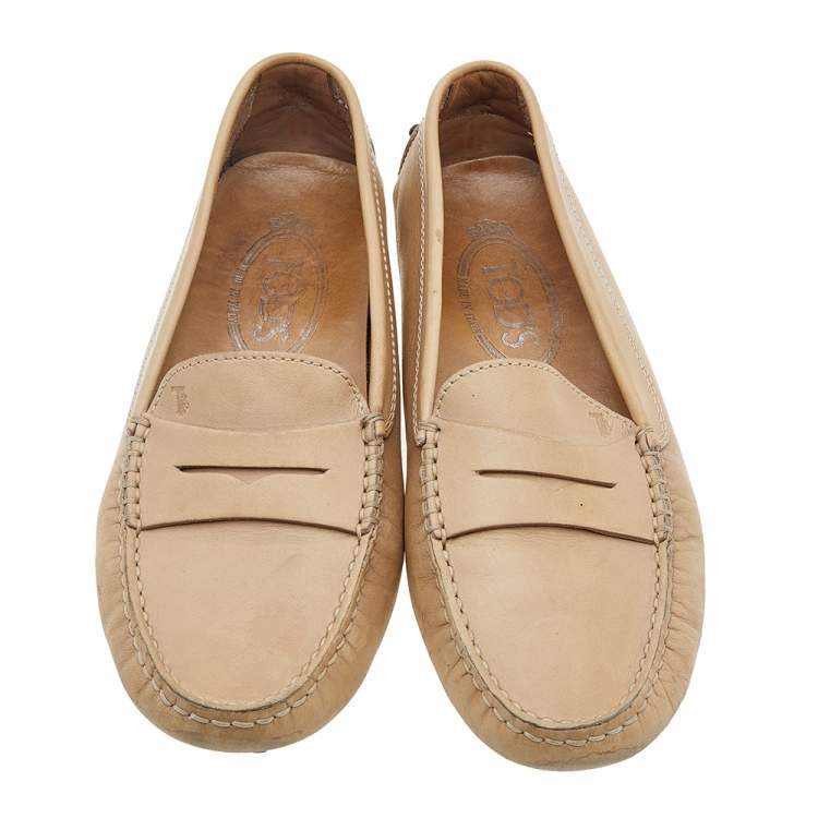 Pre Owned Tod's  Beige Nubuck Leather Penny Slip On Loafers Size 35.5