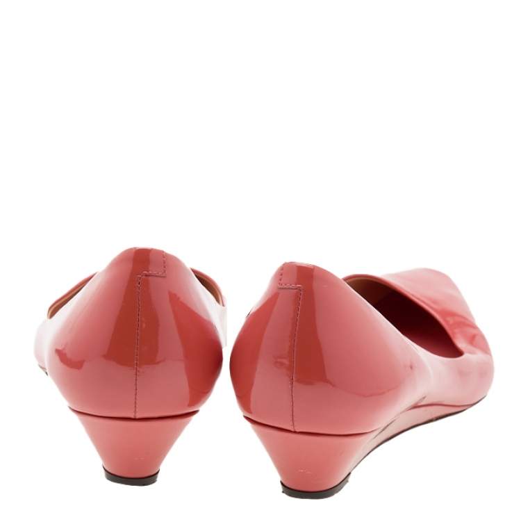 Pre Owned Tod's Coral Orange Patent Leather Wedge Pumps Size 39
