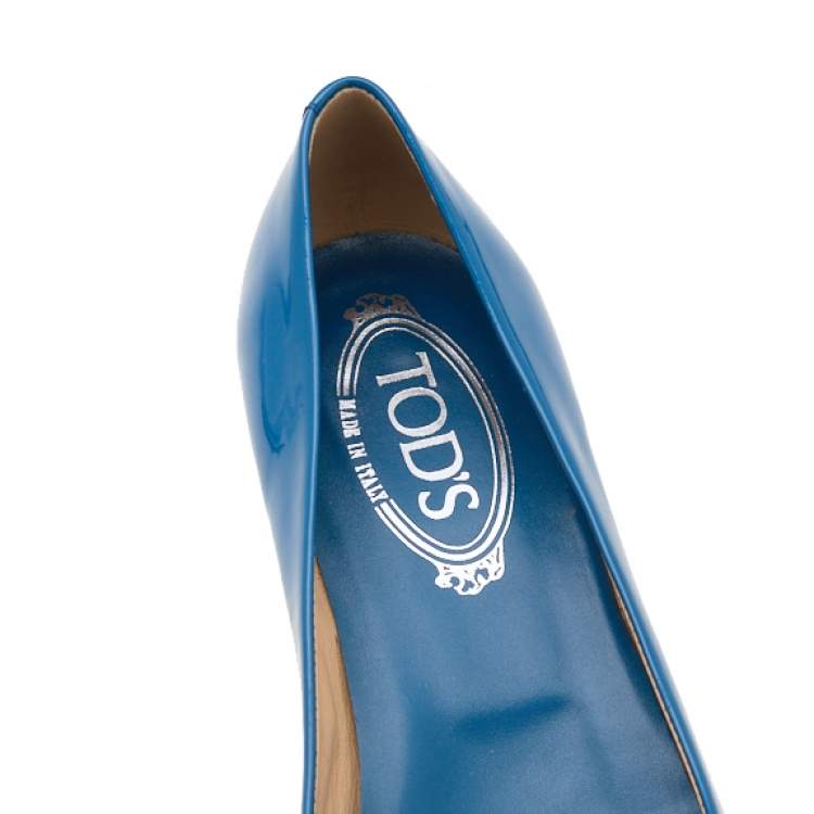 Pre Owned Tod's Blue Patent Leather Wedge Pumps Size 38.5