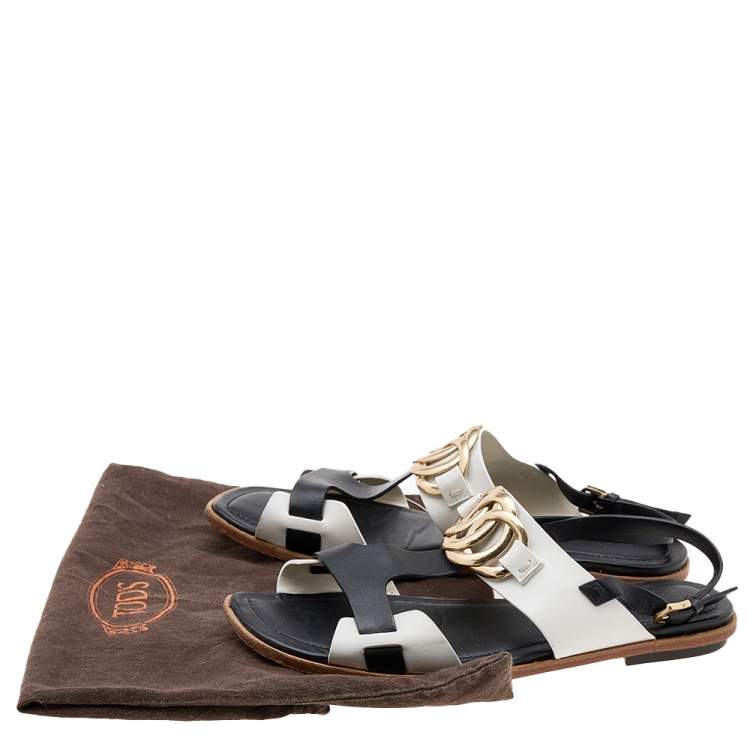 Pre Owned Tod's Black/White Leather Embellished Flat Sandals Size 39.5
