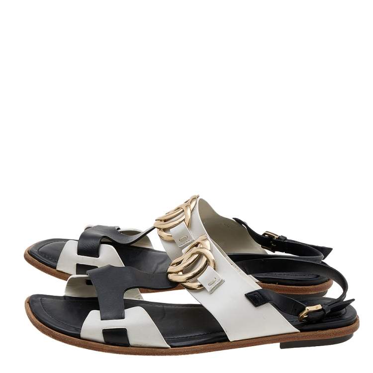 Pre Owned Tod's Black/White Leather Embellished Flat Sandals Size 39.5