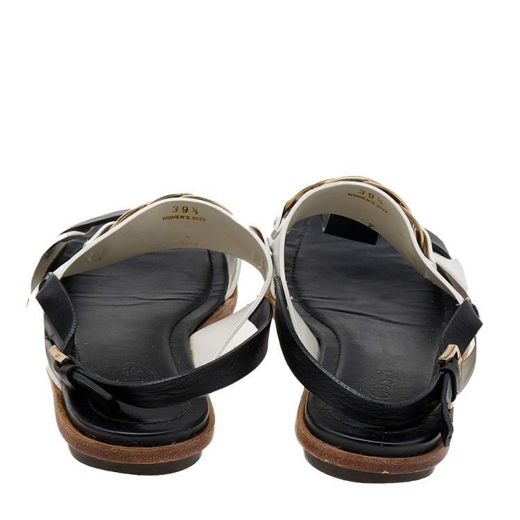 Pre Owned Tod's Black/White Leather Embellished Flat Sandals Size 39.5