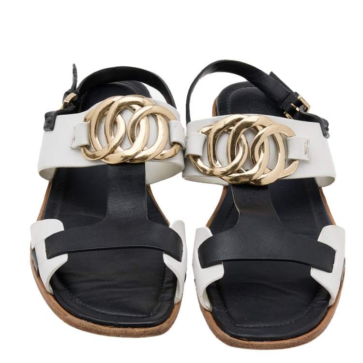 Pre Owned Tod's Black/White Leather Embellished Flat Sandals Size 39.5