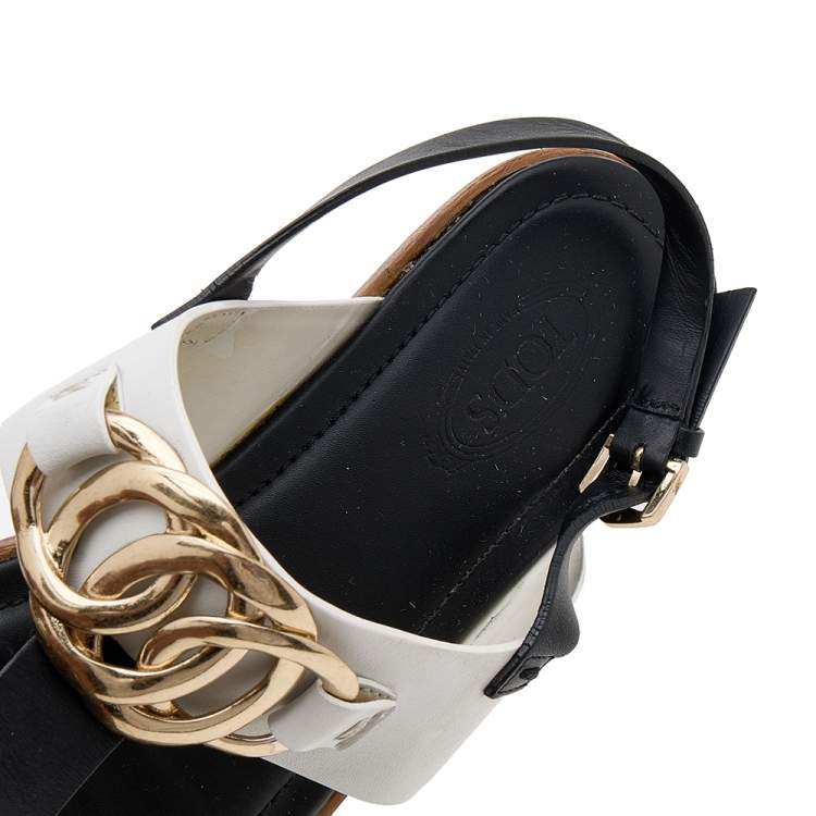 Pre Owned Tod's Black/White Leather Embellished Flat Sandals Size 39.5