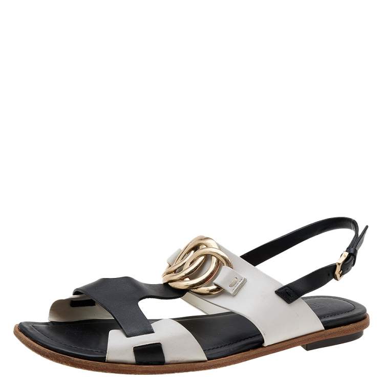 Pre Owned Tod's Black/White Leather Embellished Flat Sandals Size 39.5