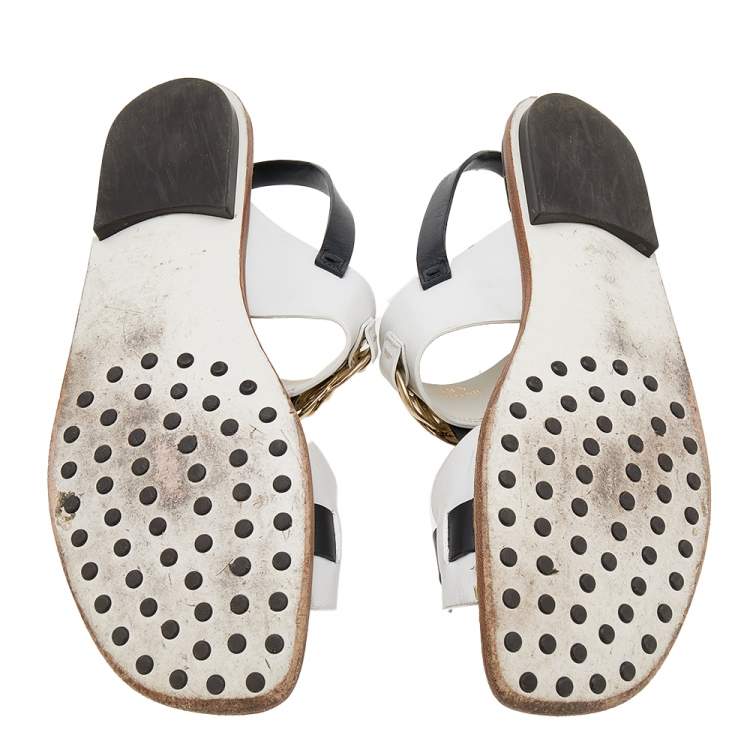 Pre Owned Tod's Black/White Leather Embellished Flat Sandals Size 39.5