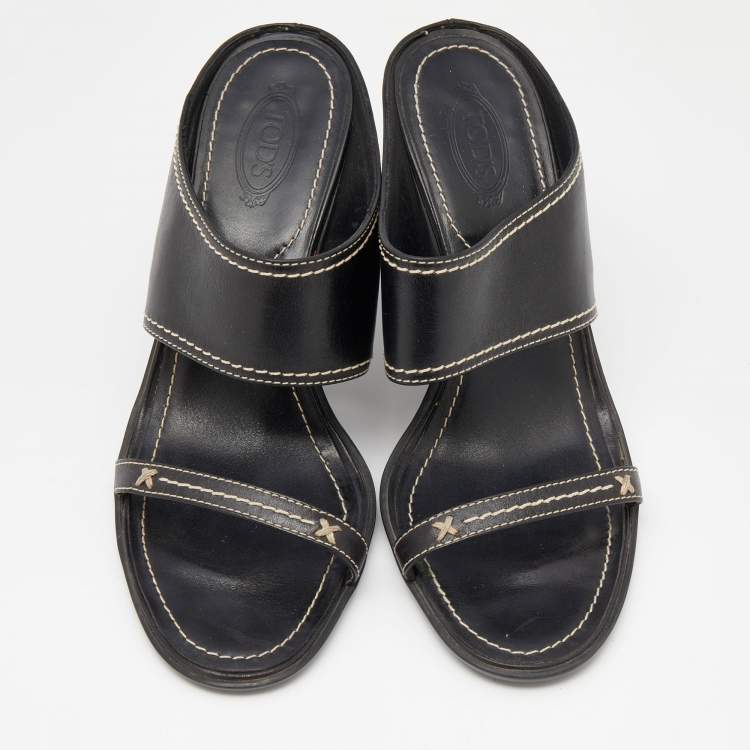 Pre Owned Tod's Black Leather Slide Sandals Size 38