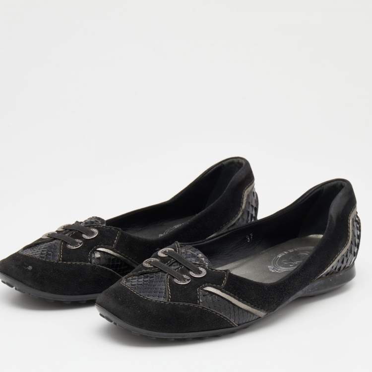 Pre Owned Tod's Black Python and Suede Ballet Flats Size 37