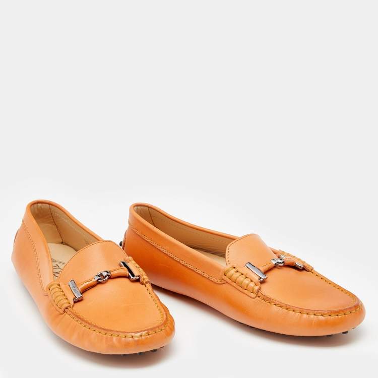 Pre Owned Tod's Orange Leather Bit Slip On Loafers Size 38