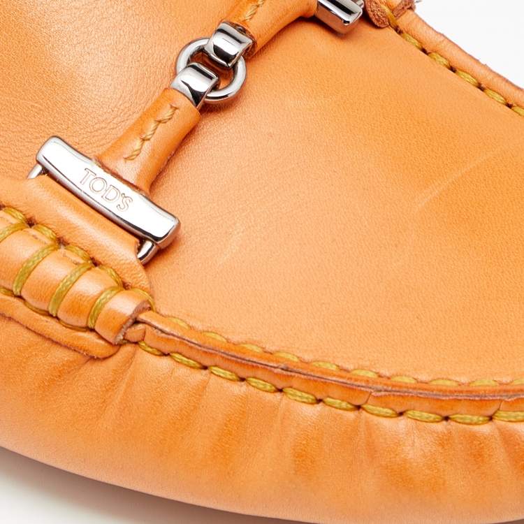 Pre Owned Tod's Orange Leather Bit Slip On Loafers Size 38