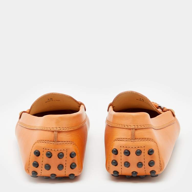 Pre Owned Tod's Orange Leather Bit Slip On Loafers Size 38