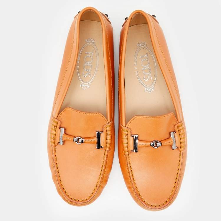 Pre Owned Tod's Orange Leather Bit Slip On Loafers Size 38