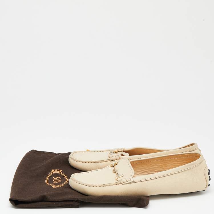 Pre Owned Tod's Beige Iridescent Leather Bit Slip On Loafers Size 37.5