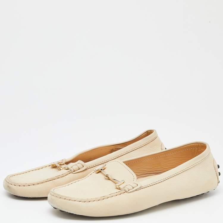 Pre Owned Tod's Beige Iridescent Leather Bit Slip On Loafers Size 37.5