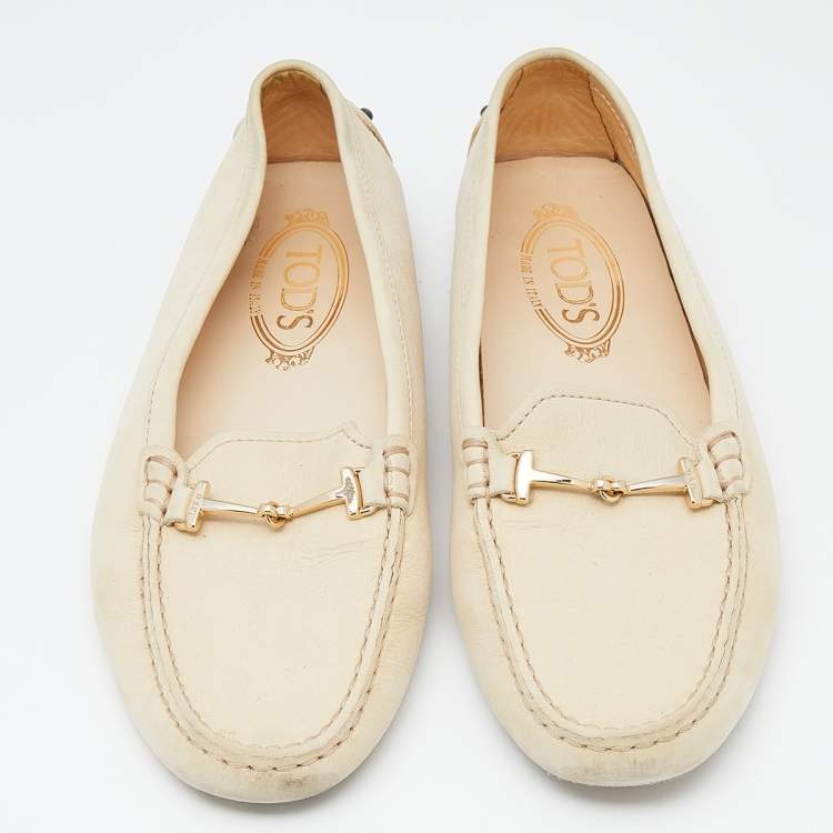 Pre Owned Tod's Beige Iridescent Leather Bit Slip On Loafers Size 37.5