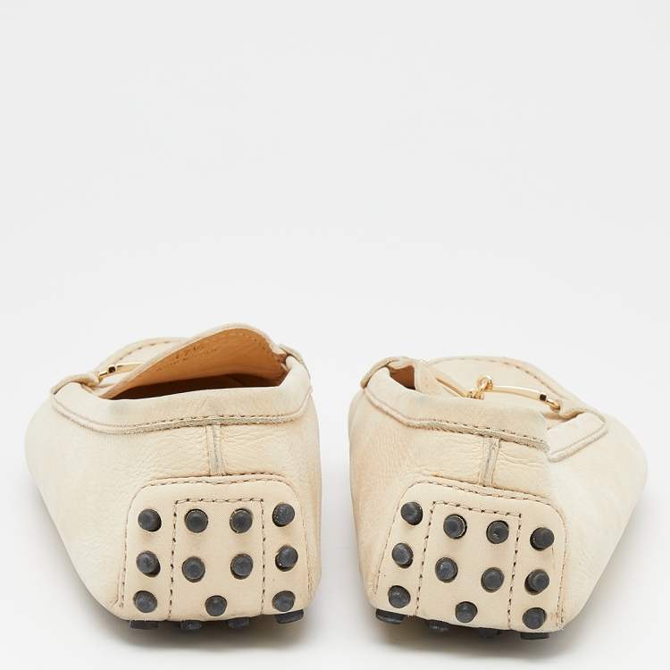 Pre Owned Tod's Beige Iridescent Leather Bit Slip On Loafers Size 37.5