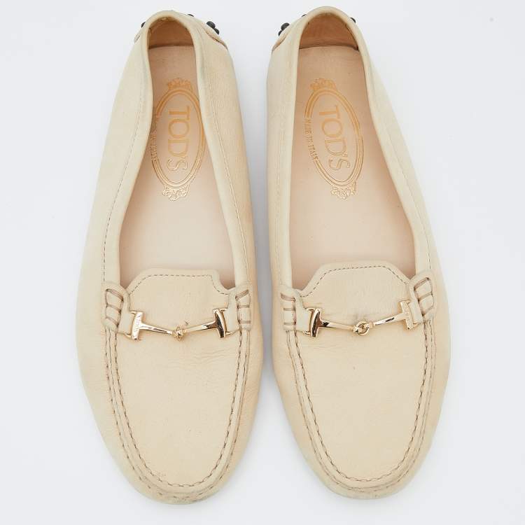 Pre Owned Tod's Beige Iridescent Leather Bit Slip On Loafers Size 37.5