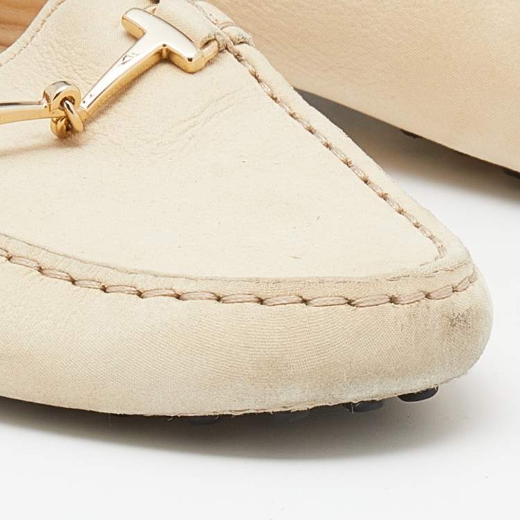 Pre Owned Tod's Beige Iridescent Leather Bit Slip On Loafers Size 37.5