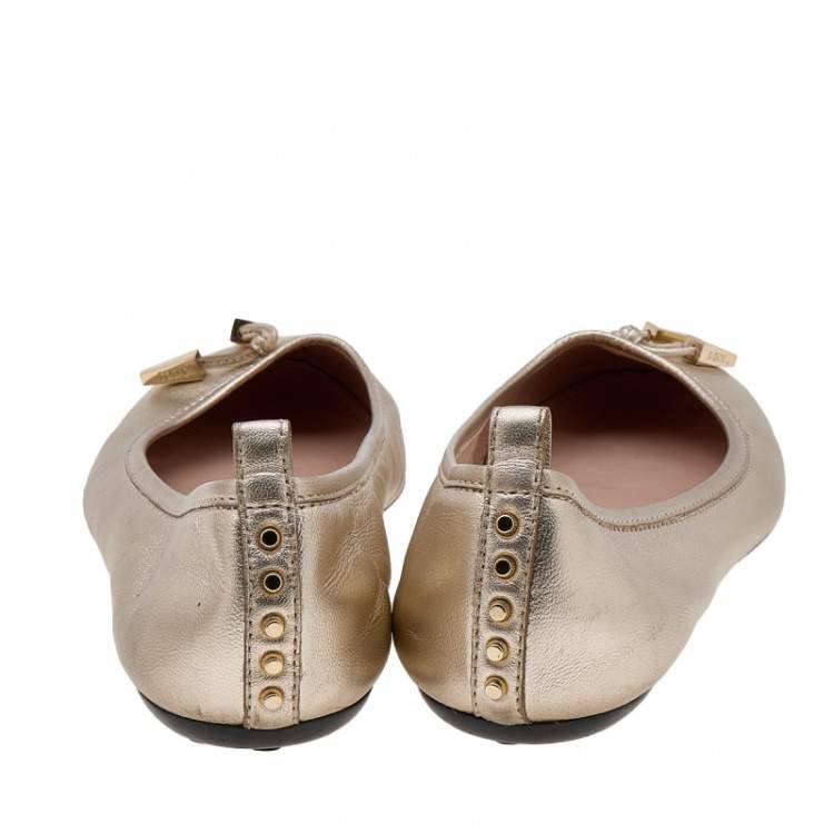 Pre Owned Tod's Gold Leather Tassel Ballet Flats Size 38