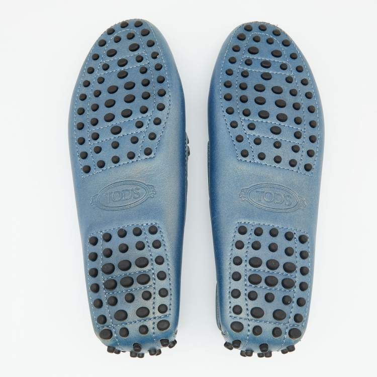 مملوكة مسبقًا Tod's Blue Iridescent Leather Bow Slip On Loafers Size 37.5