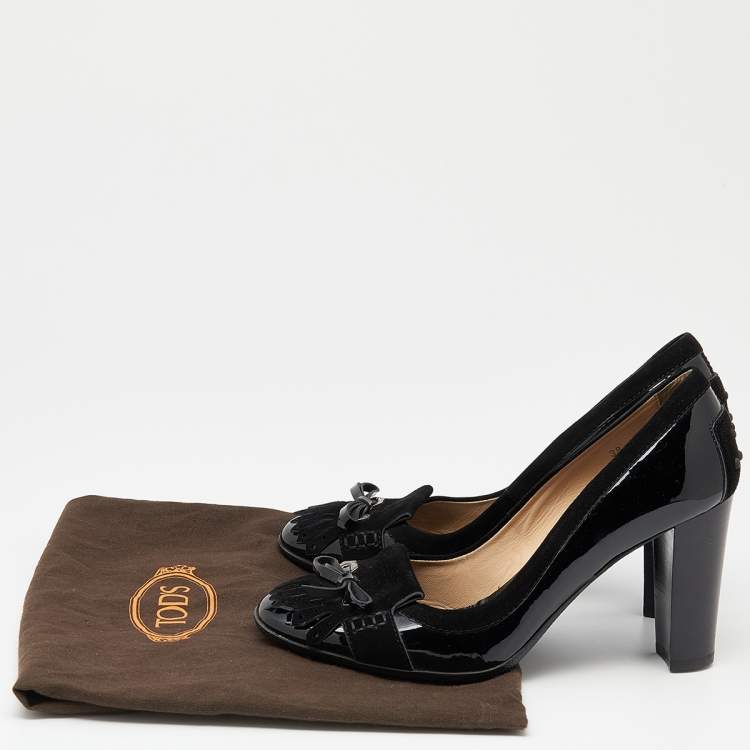 Pre Owned Tod's Black Patent Leather and Suede Fringe Block Heel Pumps Size 38