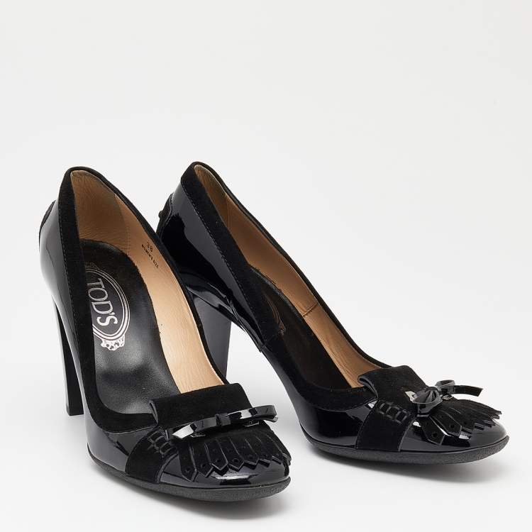 Pre Owned Tod's Black Patent Leather and Suede Fringe Block Heel Pumps Size 38