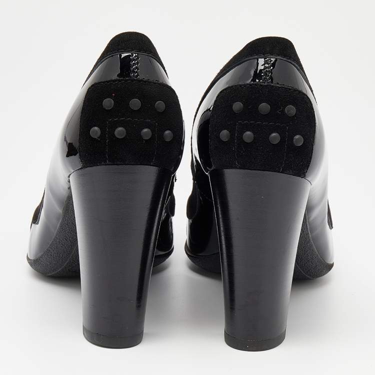 Pre Owned Tod's Black Patent Leather and Suede Fringe Block Heel Pumps Size 38