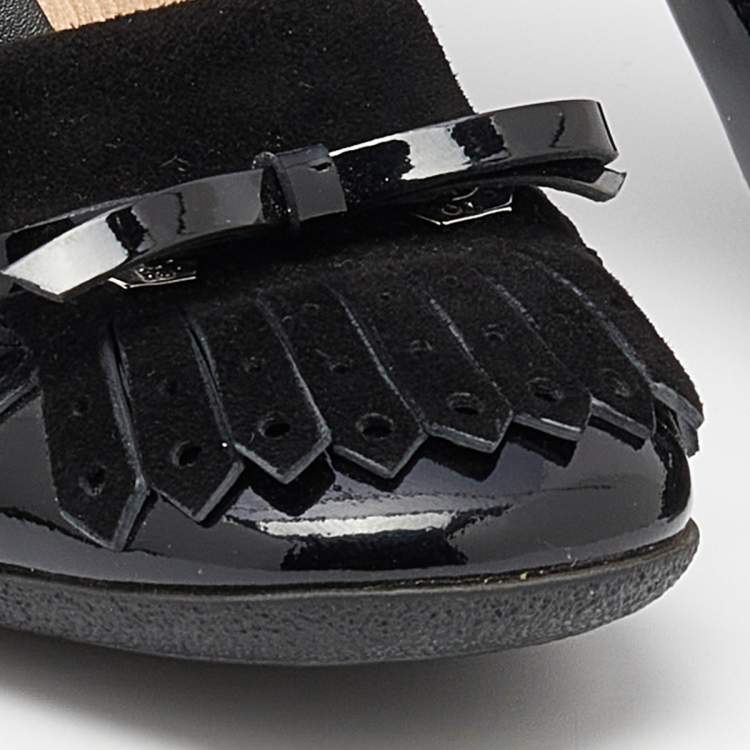 Pre Owned Tod's Black Patent Leather and Suede Fringe Block Heel Pumps Size 38