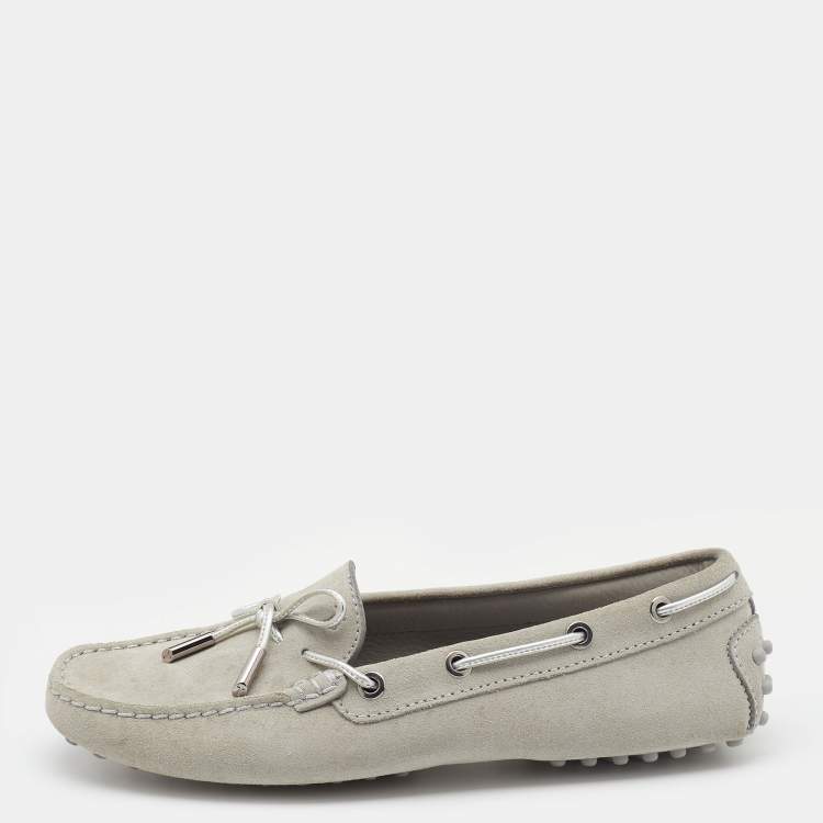 Pre Owned Tod's Grey Suede Bow Slip On Loafers Size 38