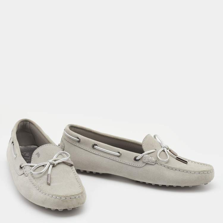 Pre Owned Tod's Grey Suede Bow Slip On Loafers Size 38