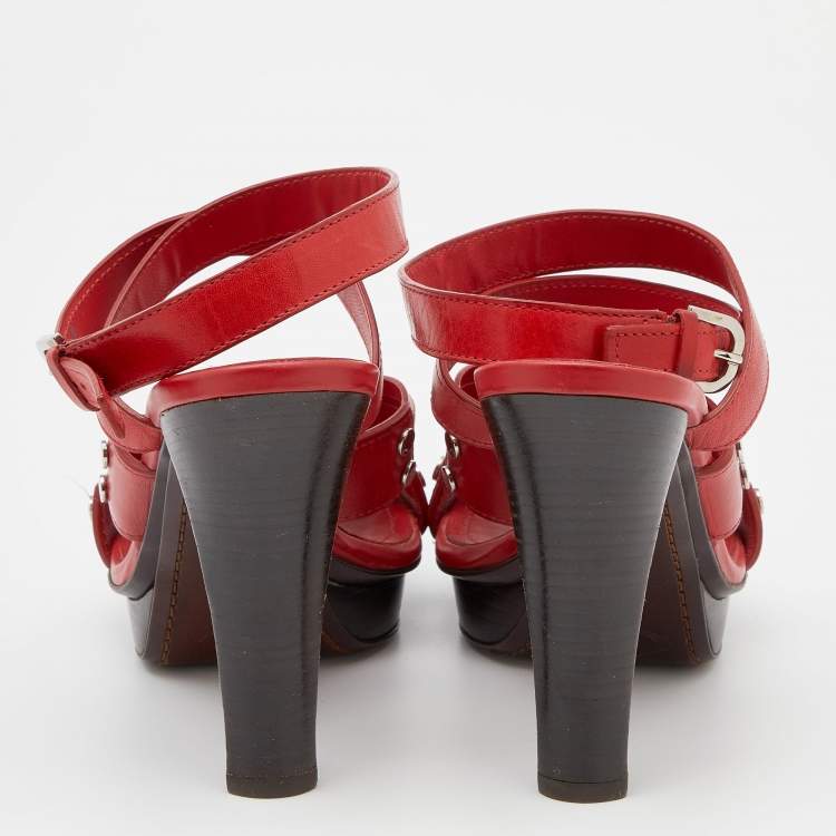 Pre Owned Tod's Red Leather Ankle Strap Platform Sandals Size 39