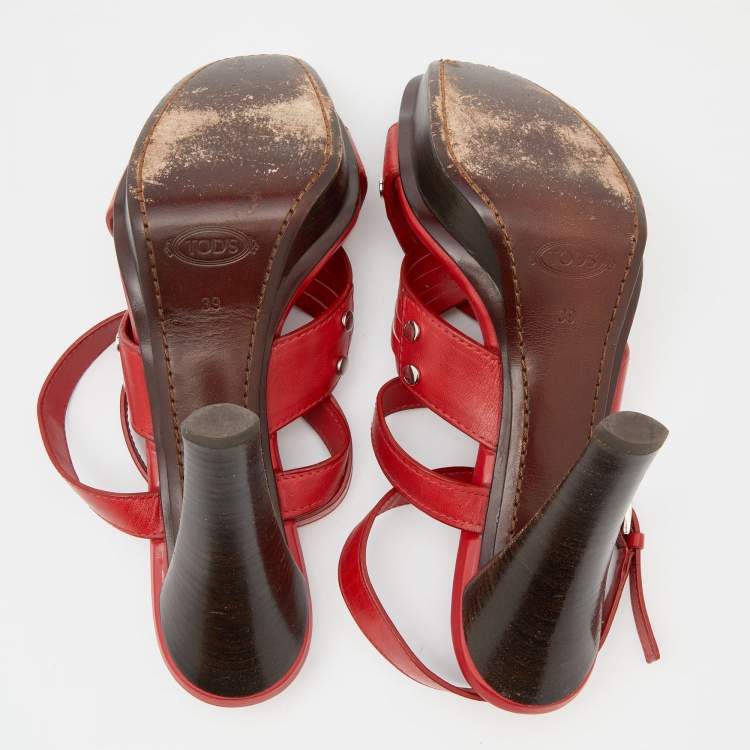 Pre Owned Tod's Red Leather Ankle Strap Platform Sandals Size 39