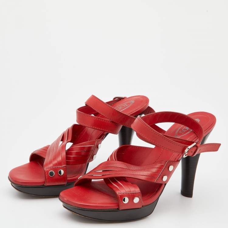 Pre Owned Tod's Red Leather Ankle Strap Platform Sandals Size 39