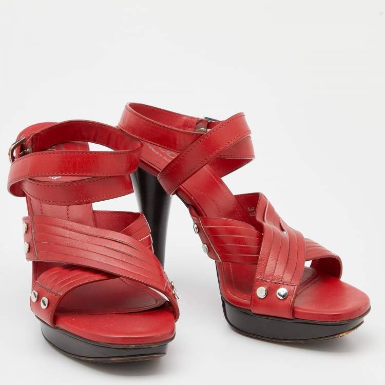Pre Owned Tod's Red Leather Ankle Strap Platform Sandals Size 39