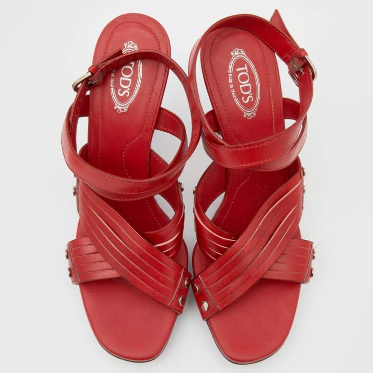 Pre Owned Tod's Red Leather Ankle Strap Platform Sandals Size 39