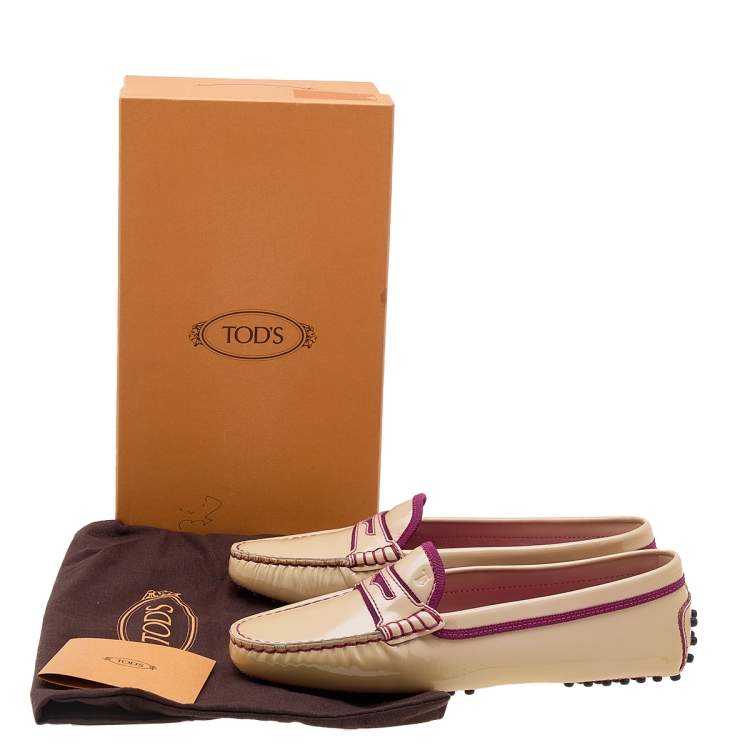 Pre Owned Tod's Beige/Purple Patent Leather And Fabric Penny Slip On Loafers Size 38
