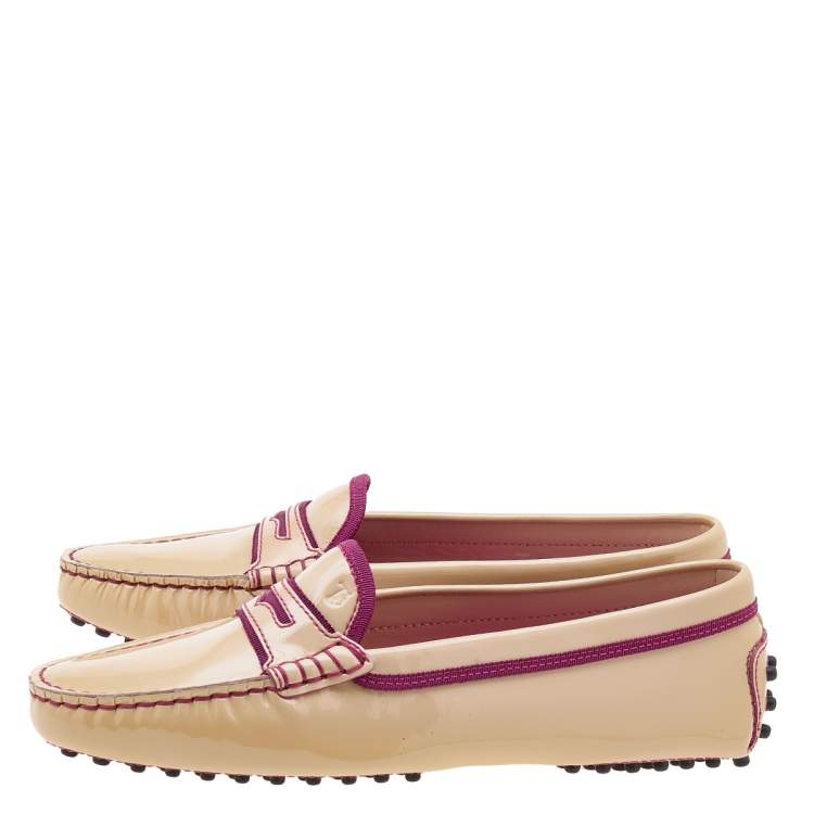 Pre Owned Tod's Beige/Purple Patent Leather And Fabric Penny Slip On Loafers Size 38