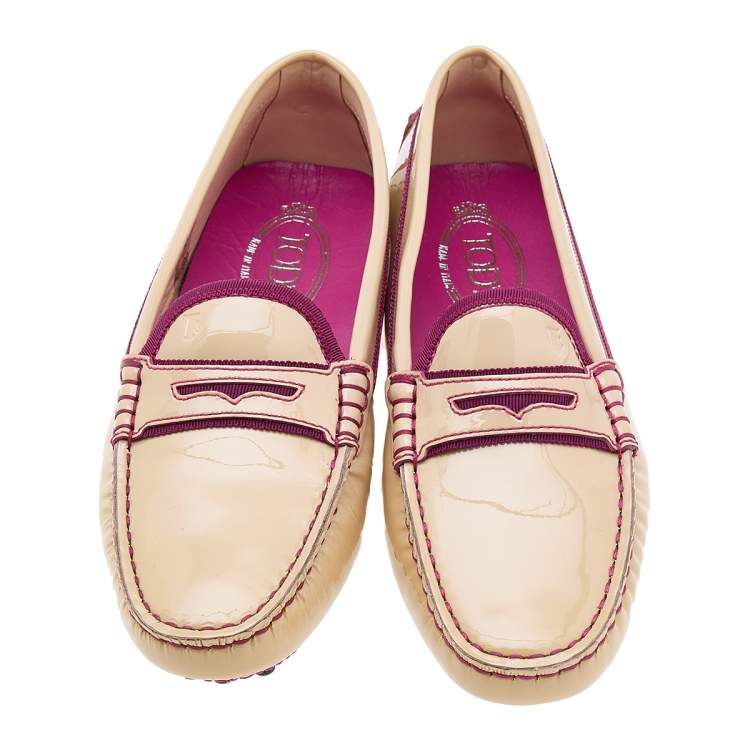 Pre Owned Tod's Beige/Purple Patent Leather And Fabric Penny Slip On Loafers Size 38