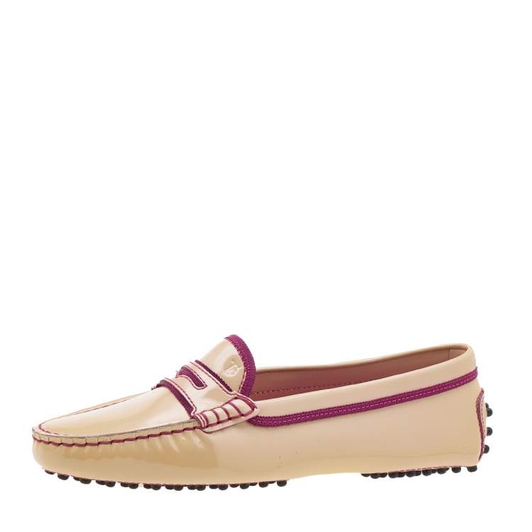 Pre Owned Tod's Beige/Purple Patent Leather And Fabric Penny Slip On Loafers Size 38