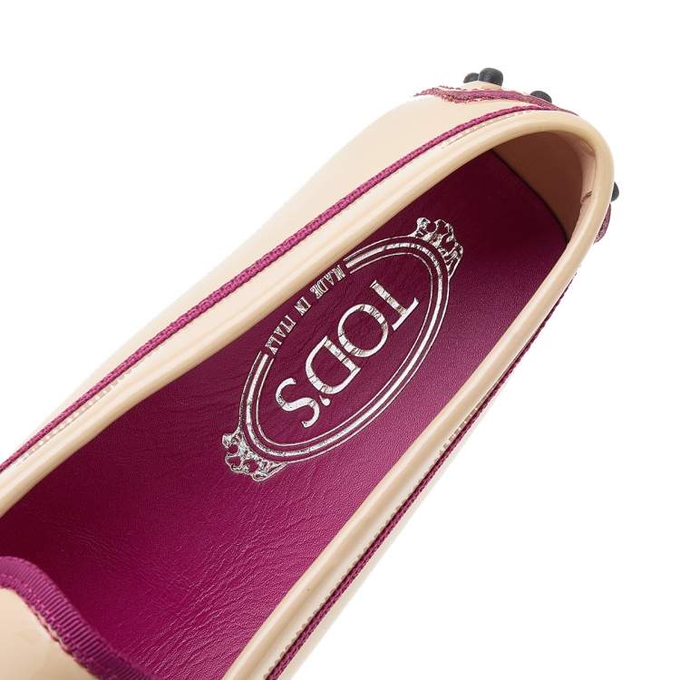 Pre Owned Tod's Beige/Purple Patent Leather And Fabric Penny Slip On Loafers Size 38