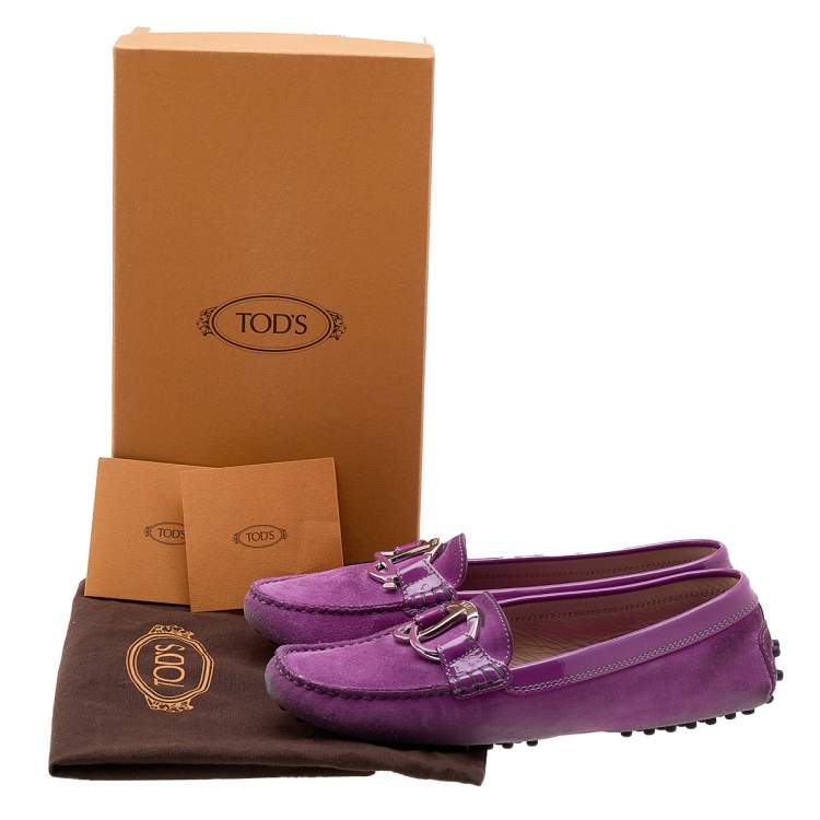Pre Owned Tod's Purple Suede And Patent Leather Trim Embellished Slip On Loafers Size 38