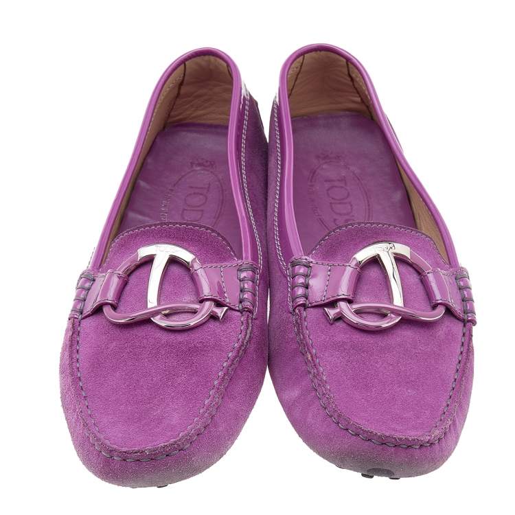 Pre Owned Tod's Purple Suede And Patent Leather Trim Embellished Slip On Loafers Size 38