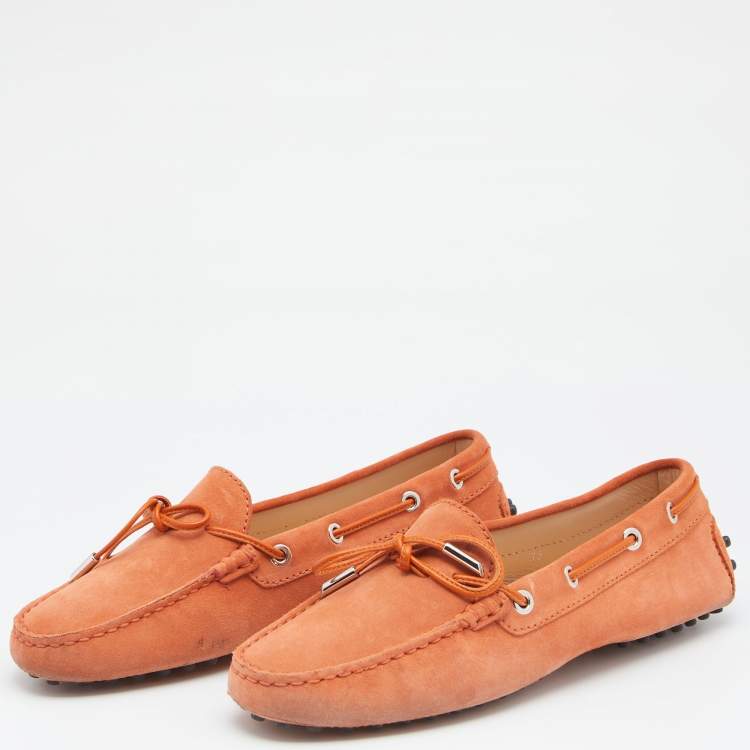 Pre Owned Tod's Orange Suede Bow Slip On Loafers Size 38