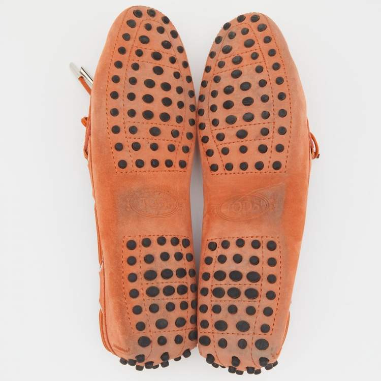 Pre Owned Tod's Orange Suede Bow Slip On Loafers Size 38