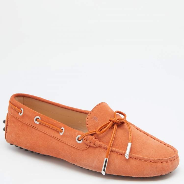 Pre Owned Tod's Orange Suede Bow Slip On Loafers Size 38