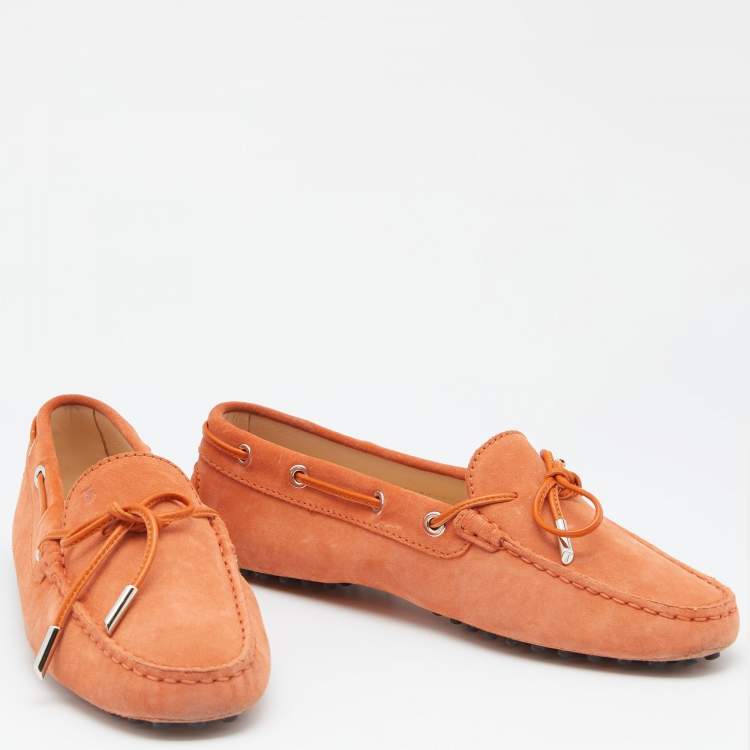 Pre Owned Tod's Orange Suede Bow Slip On Loafers Size 38