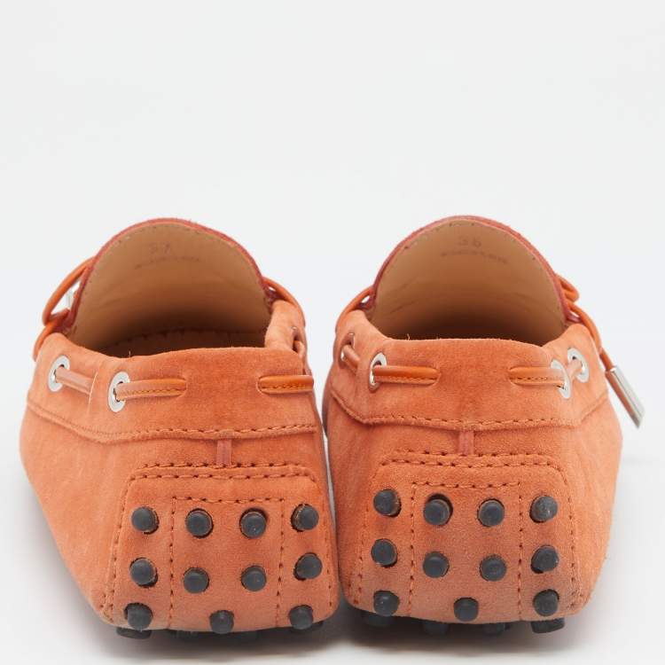 Pre Owned Tod's Orange Suede Bow Slip On Loafers Size 38