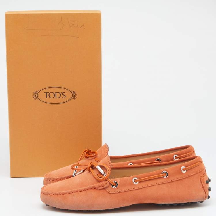 Pre Owned Tod's Orange Suede Bow Slip On Loafers Size 38
